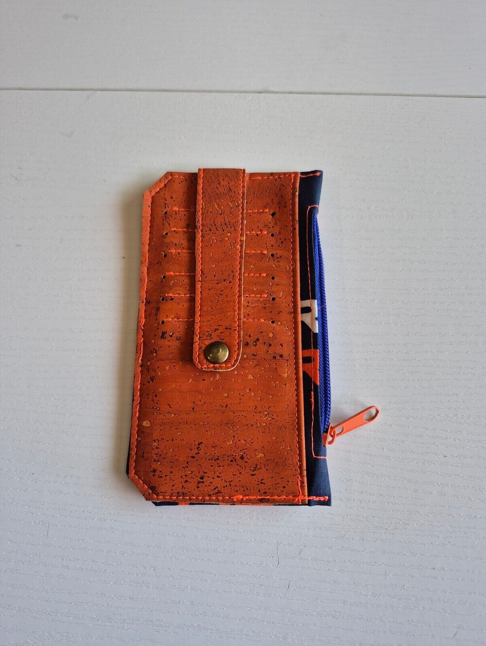 football wallet orange and blue magnetic snap tab 6 card slot wallet